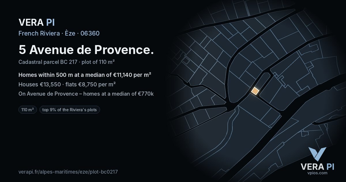 5 Avenue de Provence, Èze at night – the plot lit, the parcels around coloured by the prices near them