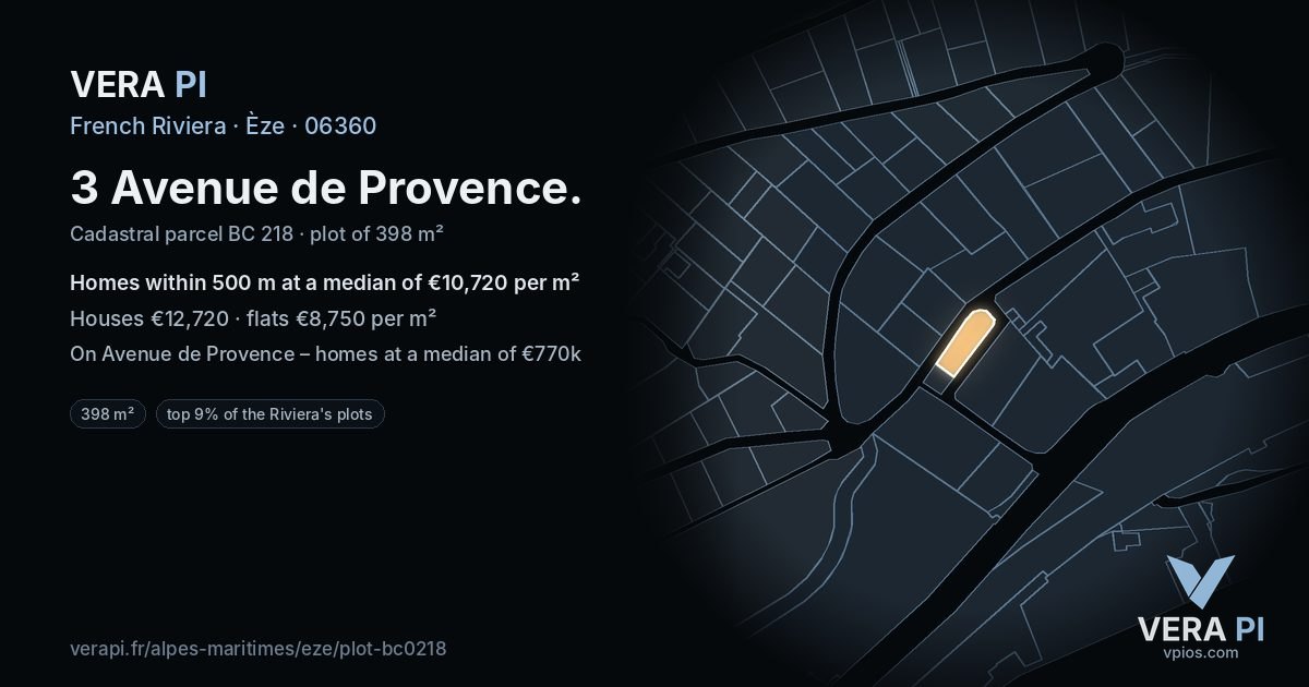 3 Avenue de Provence, Èze at night – the plot lit, the parcels around coloured by the prices near them
