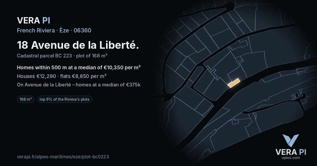 18 Avenue de la Liberté, Èze at night – the plot lit, the parcels around coloured by the prices near them