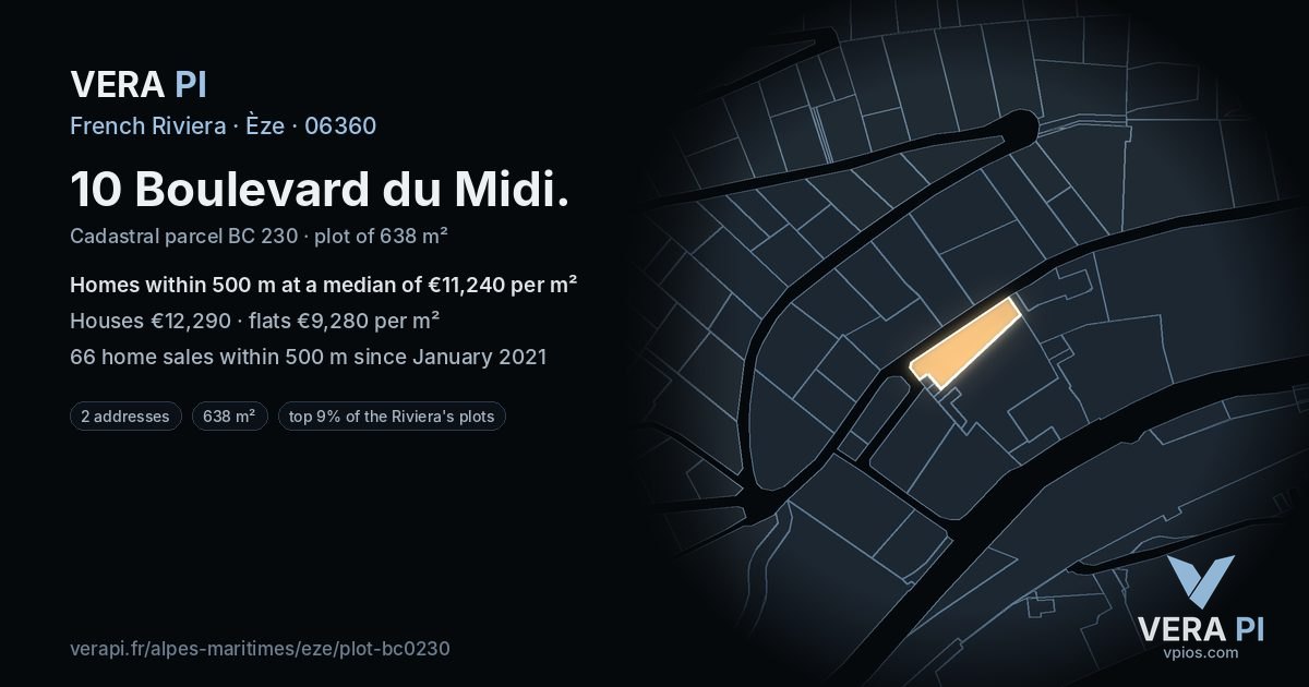 10 Boulevard du Midi, Èze at night – the plot lit, the parcels around coloured by the prices near them