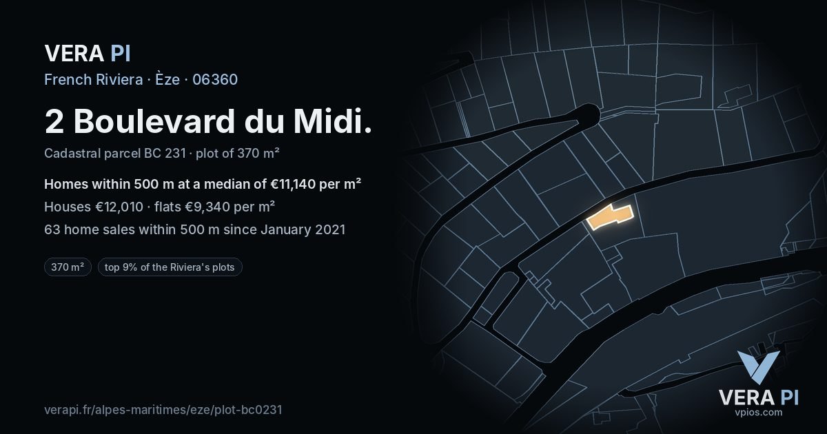 2 Boulevard du Midi, Èze at night – the plot lit, the parcels around coloured by the prices near them