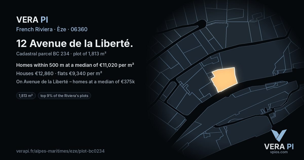 12 Avenue de la Liberté, Èze at night – the plot lit, the parcels around coloured by the prices near them