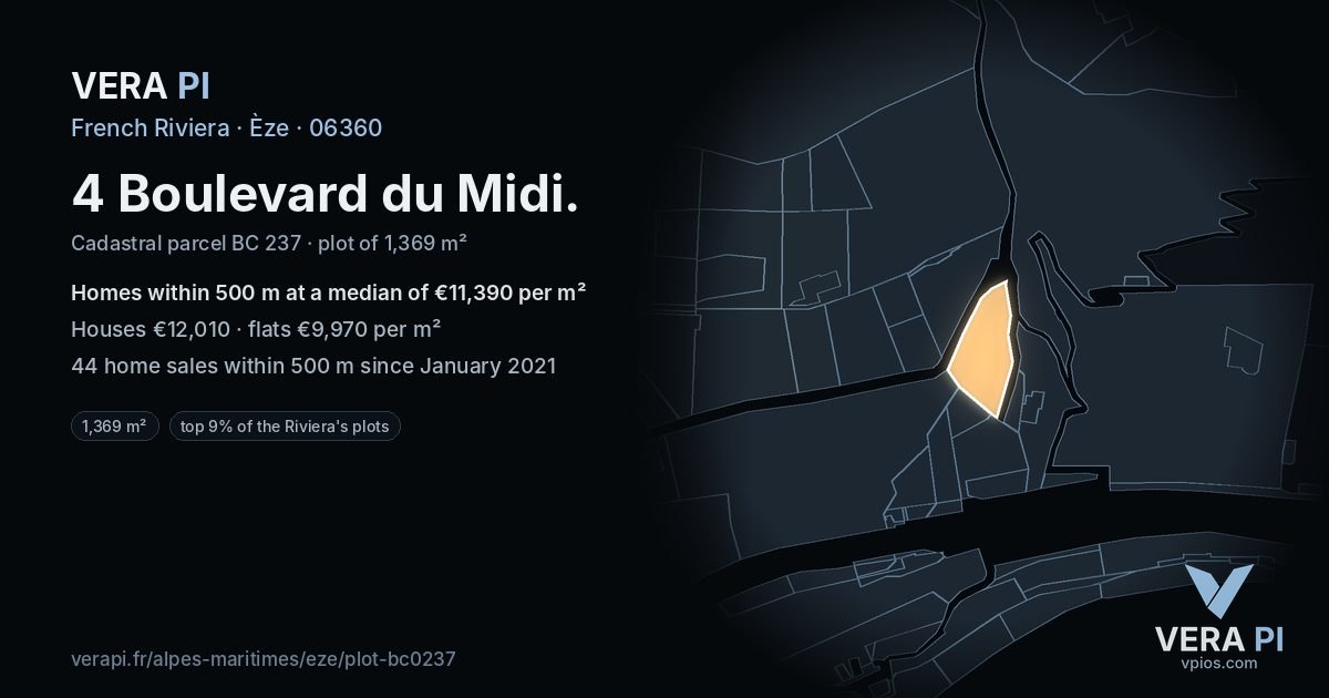 4 Boulevard du Midi, Èze at night – the plot lit, the parcels around coloured by the prices near them