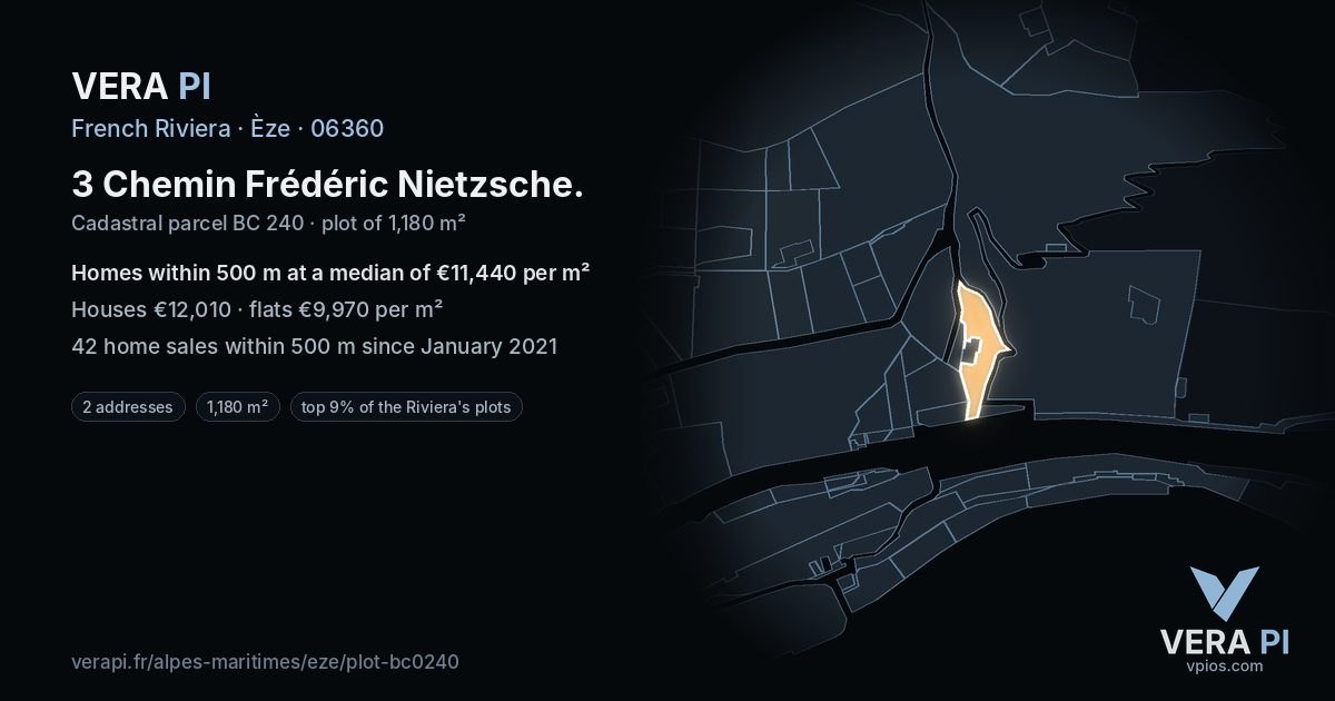 3 Chemin Frédéric Nietzsche, Èze at night – the plot lit, the parcels around coloured by the prices near them