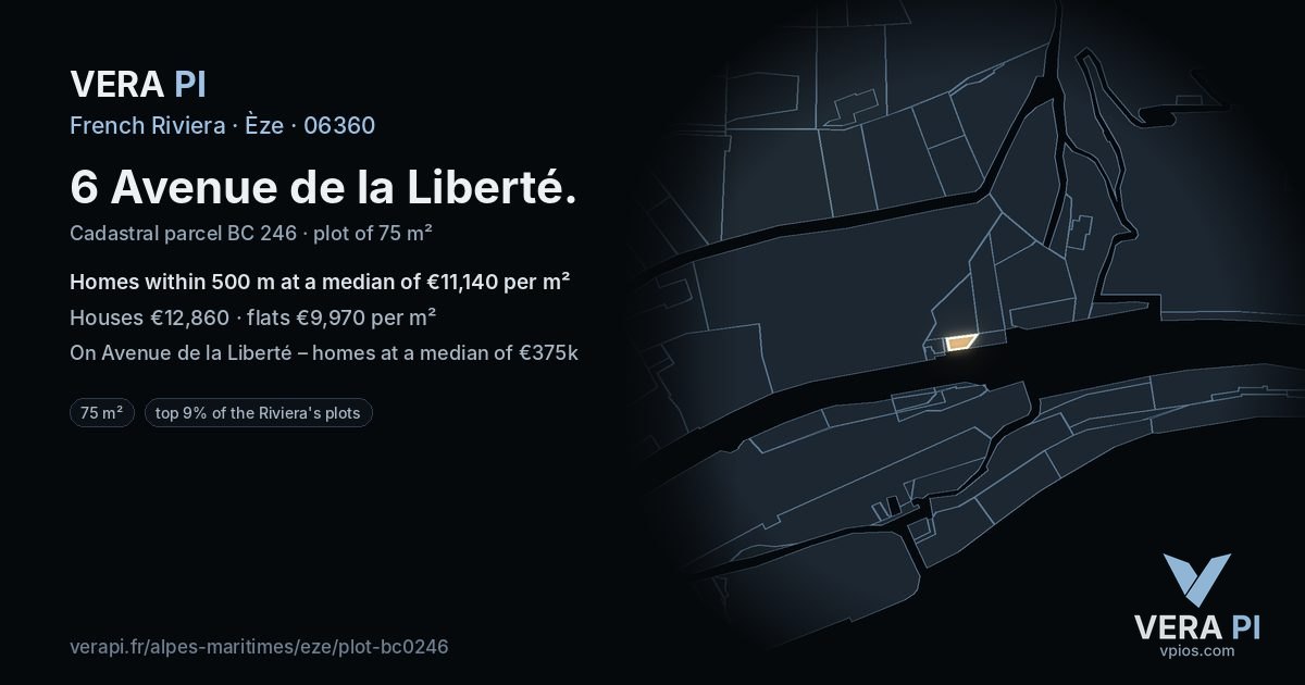 6 Avenue de la Liberté, Èze at night – the plot lit, the parcels around coloured by the prices near them
