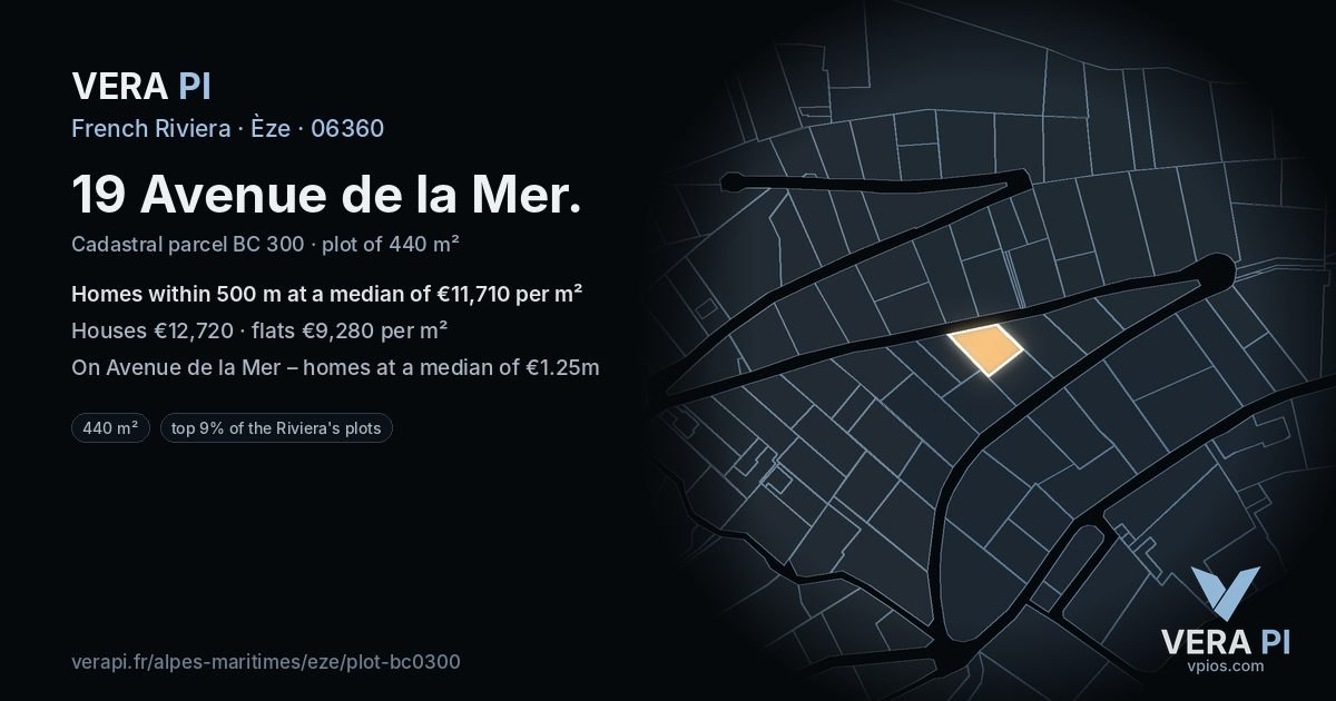 19 Avenue de la Mer, Èze at night – the plot lit, the parcels around coloured by the prices near them