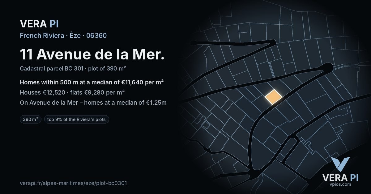 11 Avenue de la Mer, Èze at night – the plot lit, the parcels around coloured by the prices near them