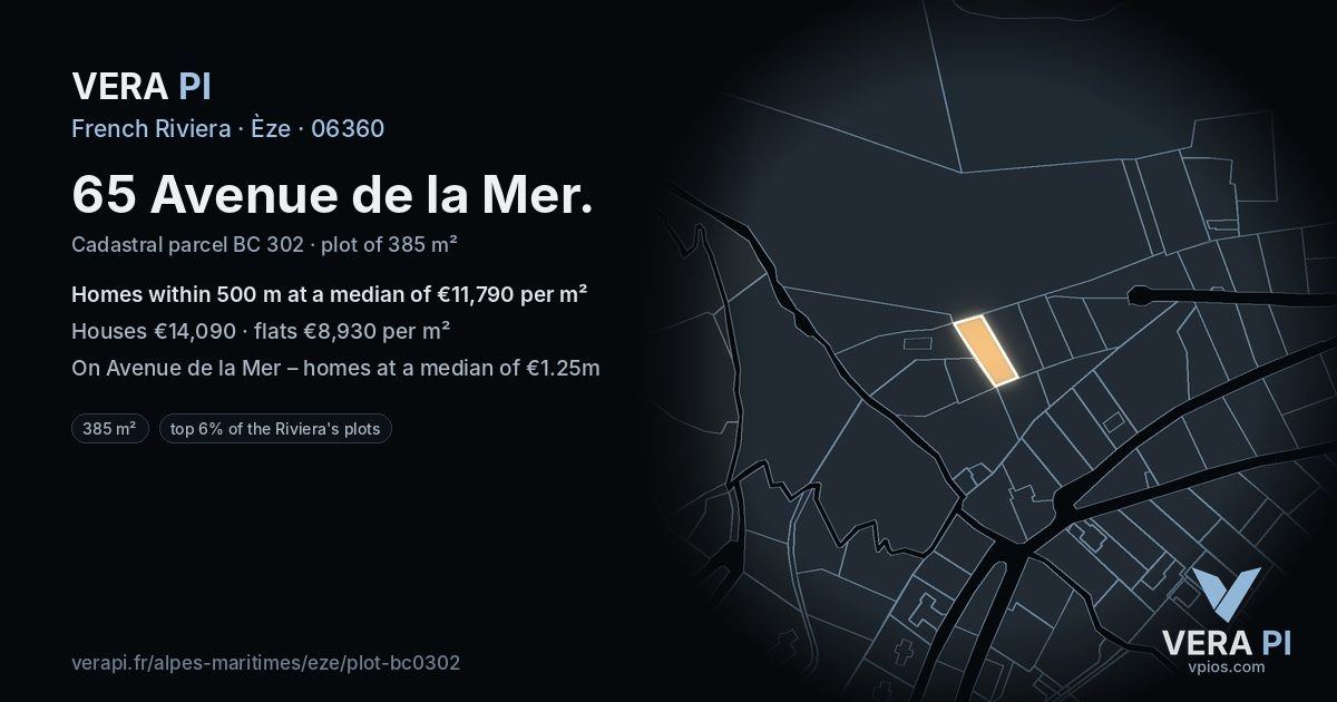 65 Avenue de la Mer, Èze at night – the plot lit, the parcels around coloured by the prices near them