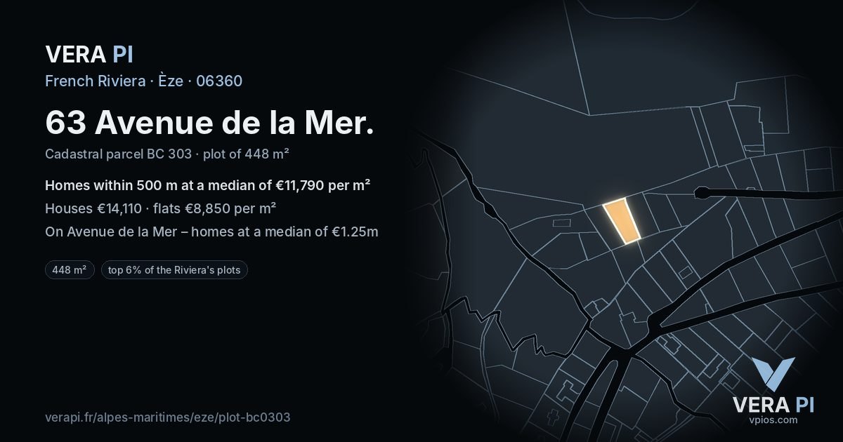 63 Avenue de la Mer, Èze at night – the plot lit, the parcels around coloured by the prices near them