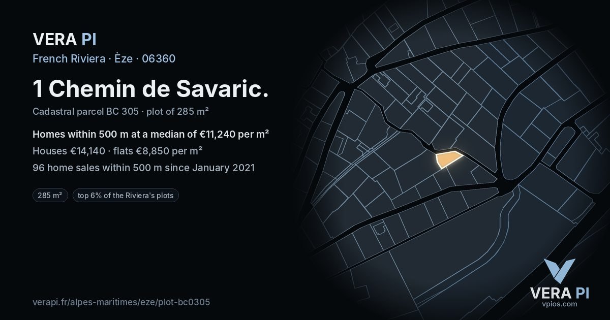1 Chemin de Savaric, Èze at night – the plot lit, the parcels around coloured by the prices near them