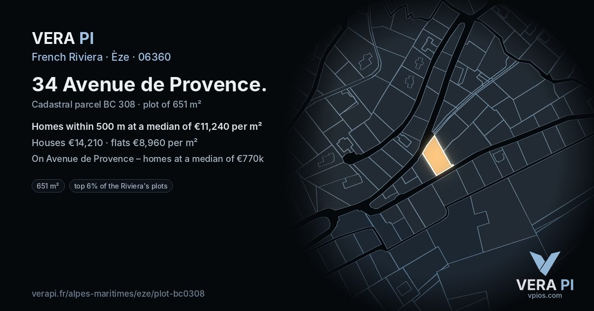 34 Avenue de Provence, Èze at night – the plot lit, the parcels around coloured by the prices near them