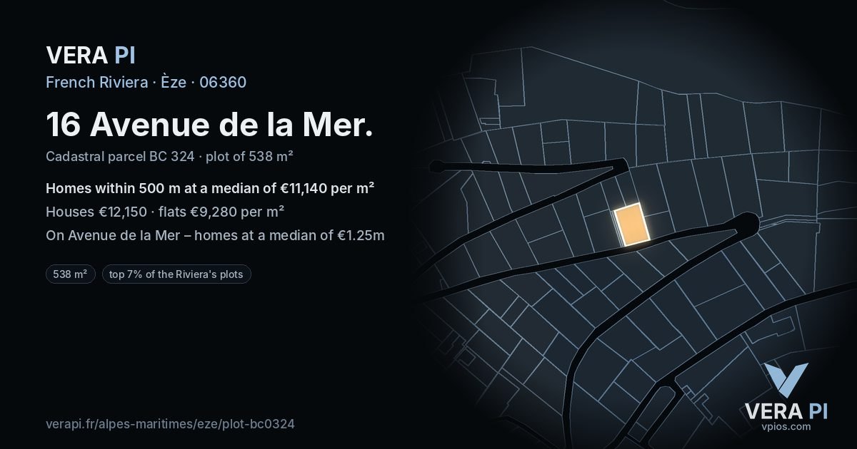 16 Avenue de la Mer, Èze at night – the plot lit, the parcels around coloured by the prices near them