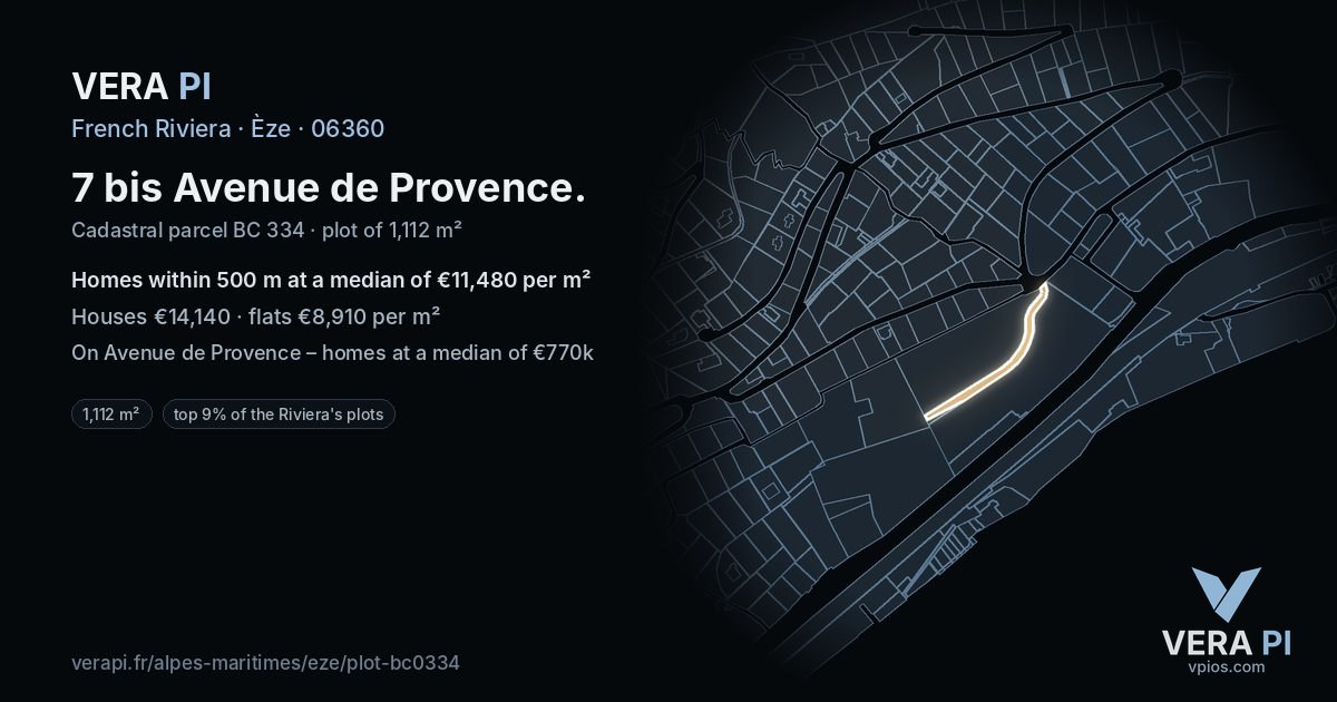 7 bis Avenue de Provence, Èze at night – the plot lit, the parcels around coloured by the prices near them