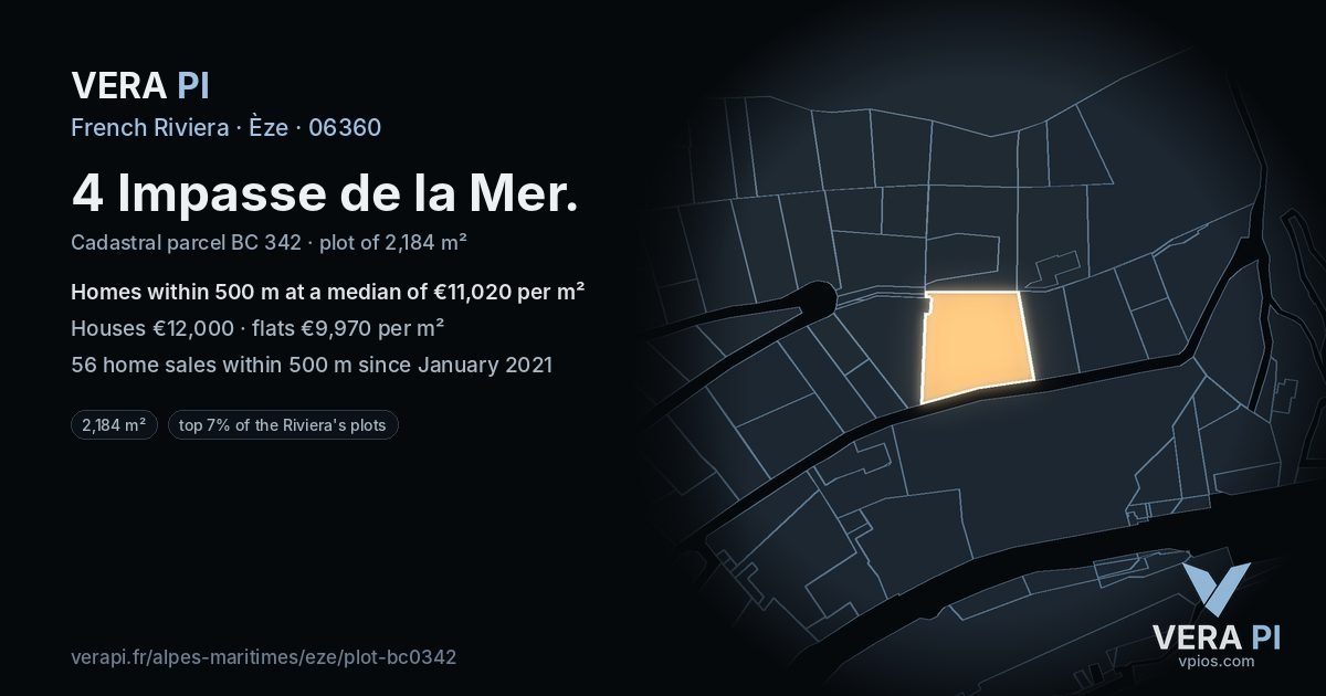 4 Impasse de la Mer, Èze at night – the plot lit, the parcels around coloured by the prices near them