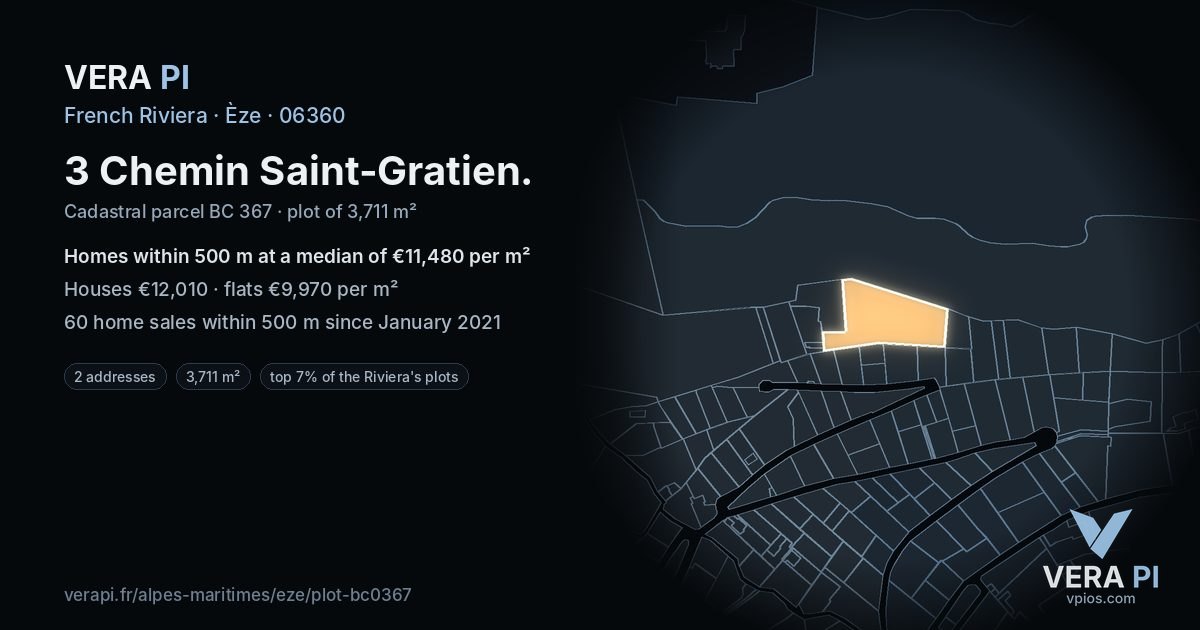 3 Chemin Saint-Gratien, Èze at night – the plot lit, the parcels around coloured by the prices near them