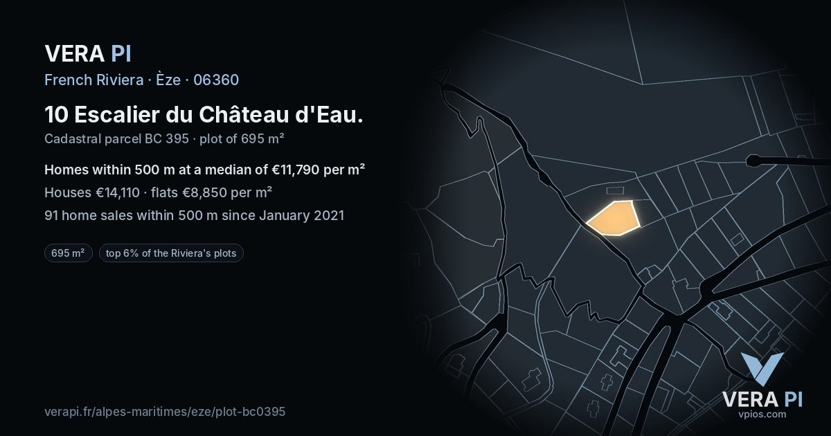 10 Escalier du Château d'Eau, Èze at night – the plot lit, the parcels around coloured by the prices near them