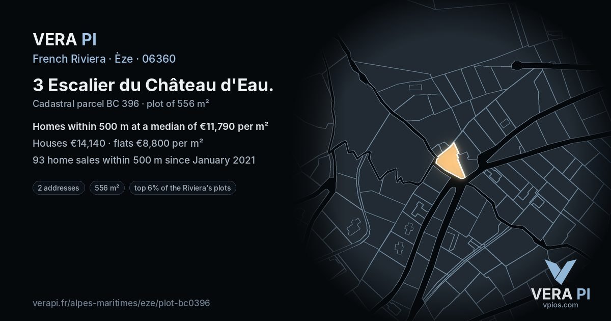 3 Escalier du Château d'Eau, Èze at night – the plot lit, the parcels around coloured by the prices near them