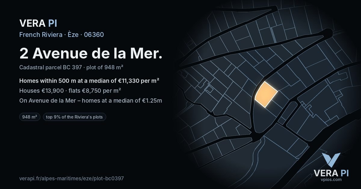 2 Avenue de la Mer, Èze at night – the plot lit, the parcels around coloured by the prices near them