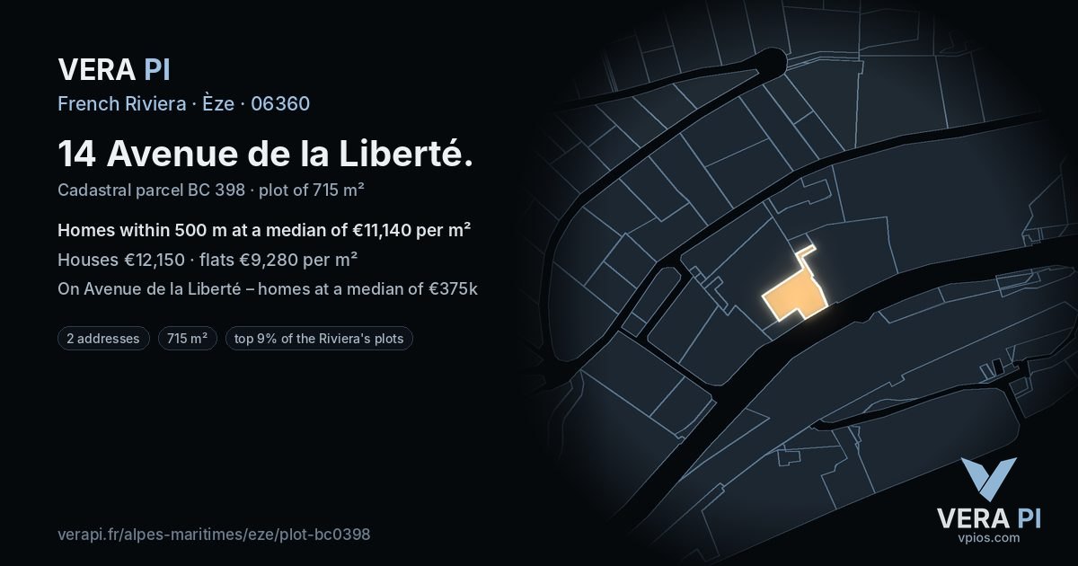 14 Avenue de la Liberté, Èze at night – the plot lit, the parcels around coloured by the prices near them