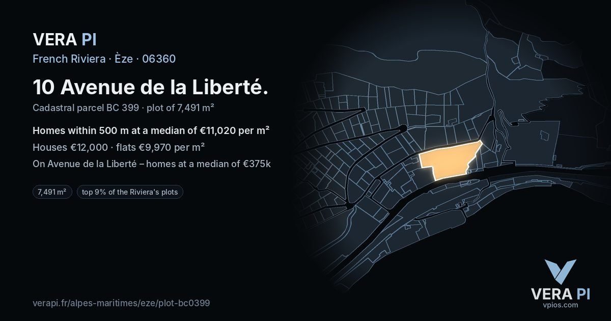 10 Avenue de la Liberté, Èze at night – the plot lit, the parcels around coloured by the prices near them