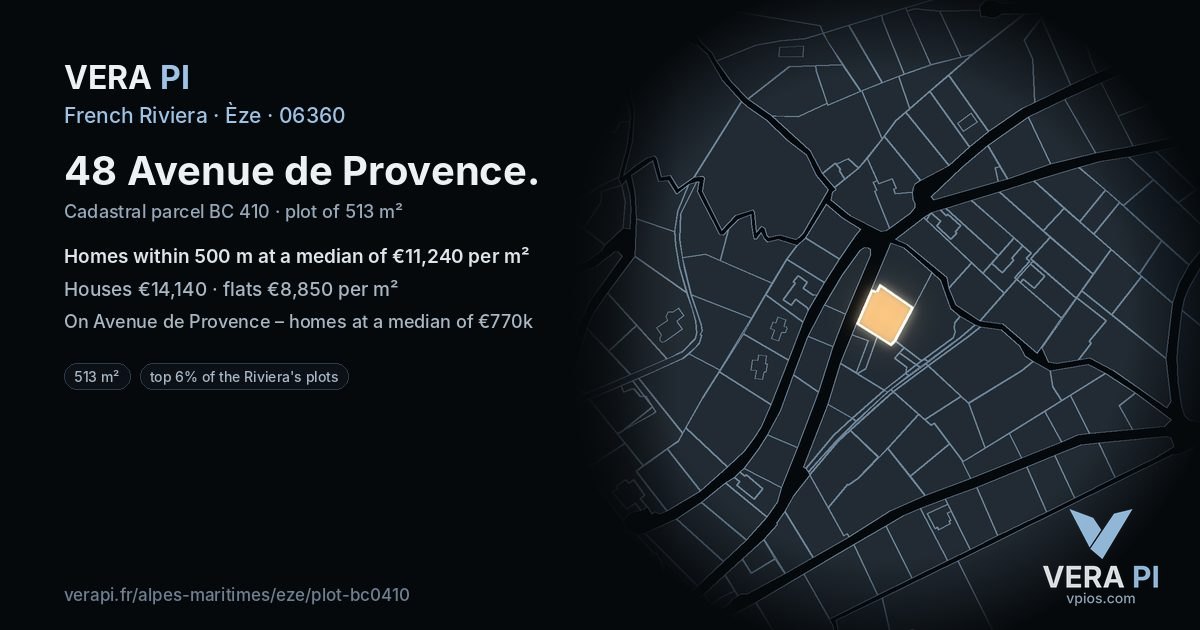 48 Avenue de Provence, Èze at night – the plot lit, the parcels around coloured by the prices near them