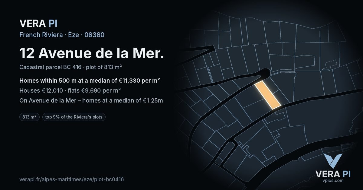 12 Avenue de la Mer, Èze at night – the plot lit, the parcels around coloured by the prices near them
