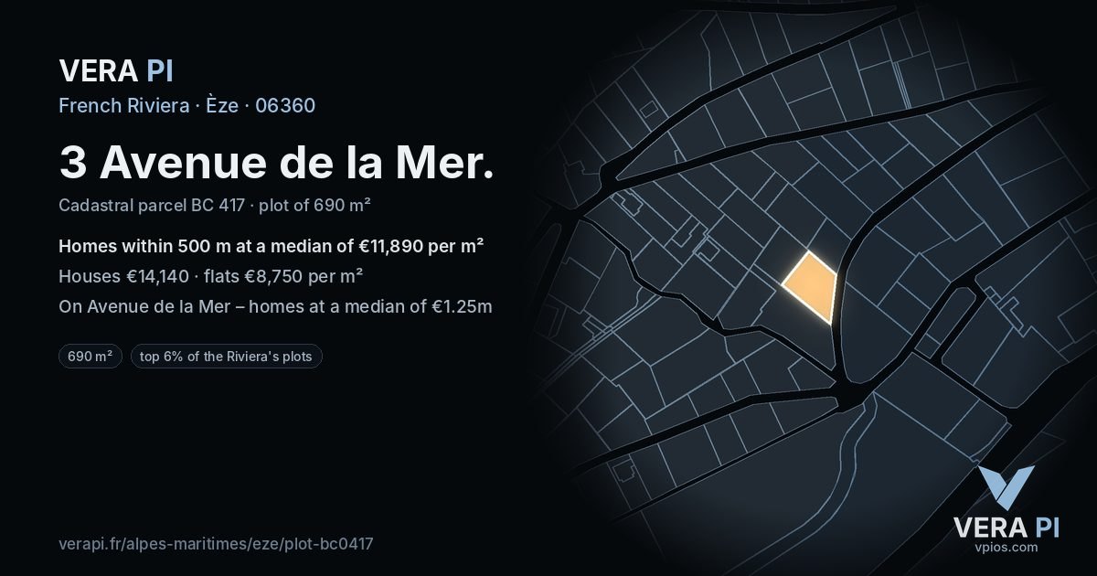 3 Avenue de la Mer, Èze at night – the plot lit, the parcels around coloured by the prices near them