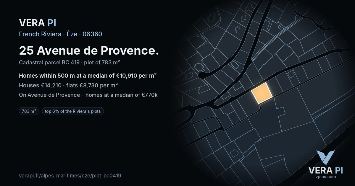 25 Avenue de Provence, Èze at night – the plot lit, the parcels around coloured by the prices near them
