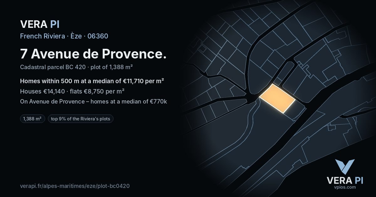 7 Avenue de Provence, Èze at night – the plot lit, the parcels around coloured by the prices near them