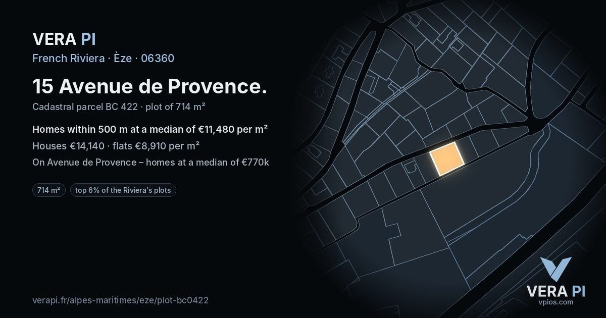 15 Avenue de Provence, Èze at night – the plot lit, the parcels around coloured by the prices near them