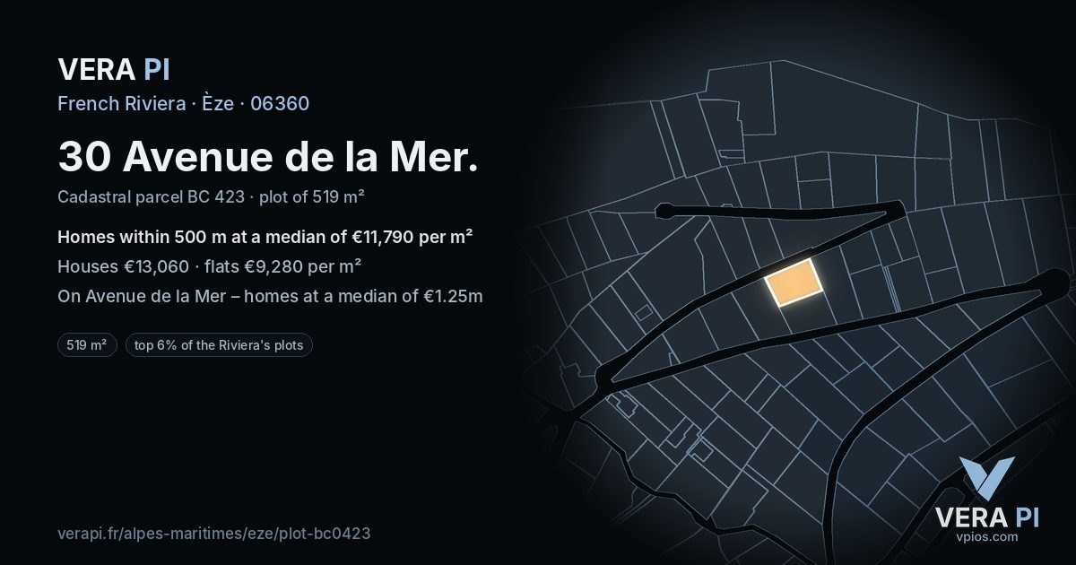 30 Avenue de la Mer, Èze at night – the plot lit, the parcels around coloured by the prices near them