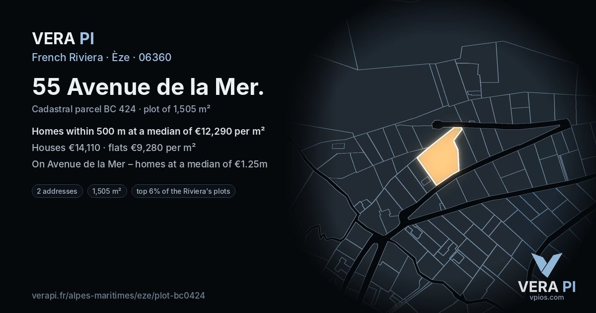 55 Avenue de la Mer, Èze at night – the plot lit, the parcels around coloured by the prices near them