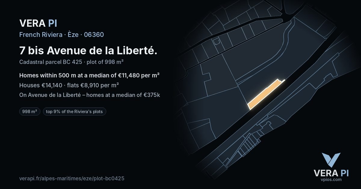 7 bis Avenue de la Liberté, Èze at night – the plot lit, the parcels around coloured by the prices near them