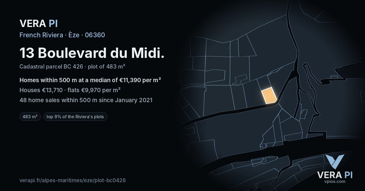 13 Boulevard du Midi, Èze at night – the plot lit, the parcels around coloured by the prices near them