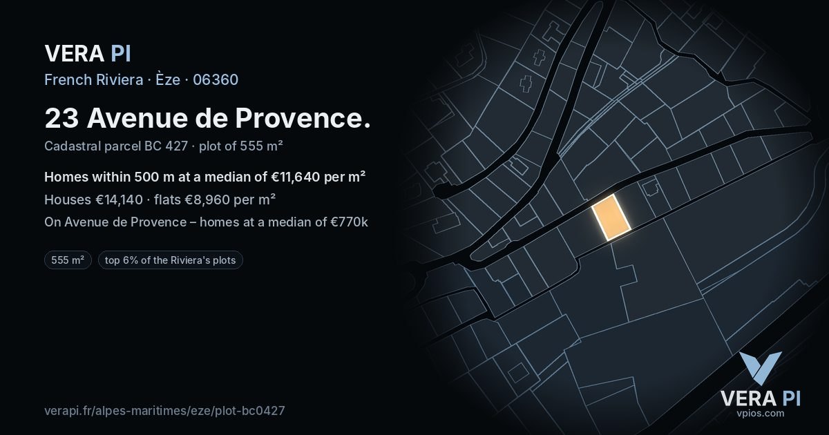 23 Avenue de Provence, Èze at night – the plot lit, the parcels around coloured by the prices near them