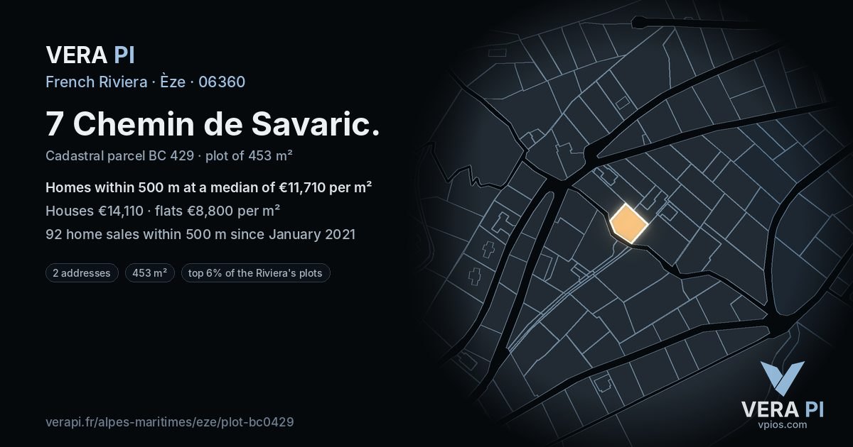 7 Chemin de Savaric, Èze at night – the plot lit, the parcels around coloured by the prices near them