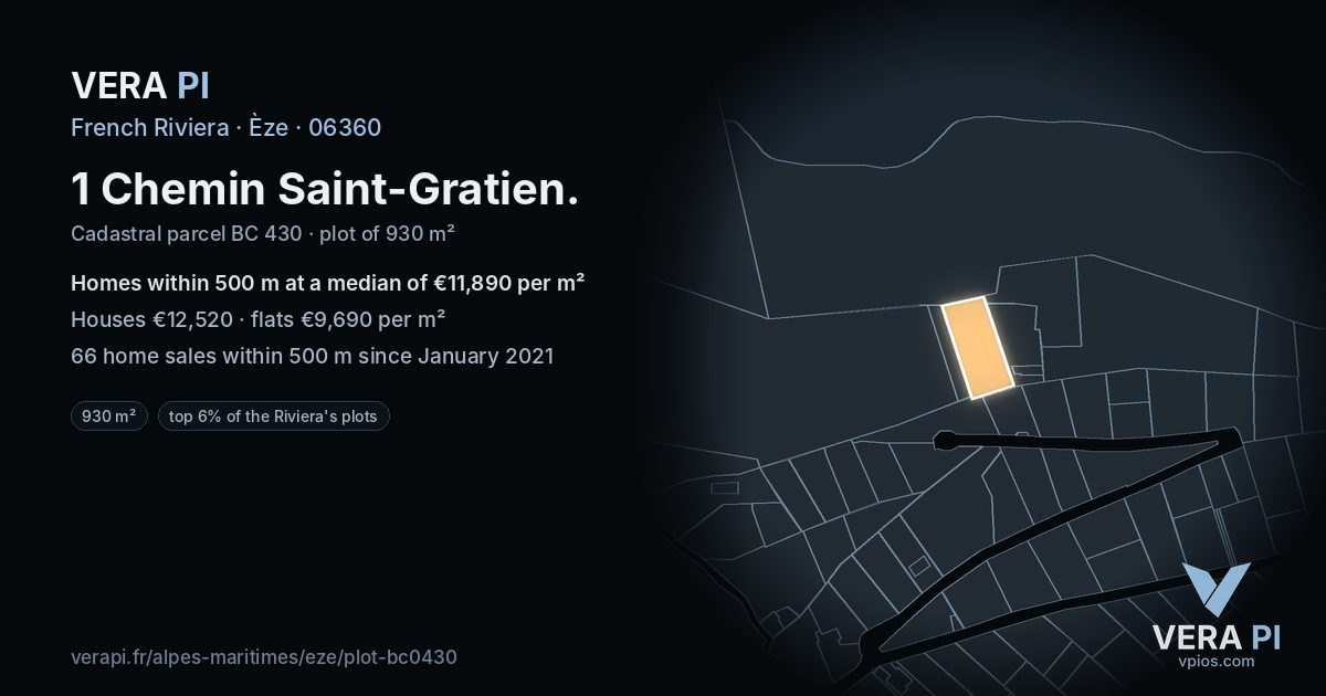 1 Chemin Saint-Gratien, Èze at night – the plot lit, the parcels around coloured by the prices near them