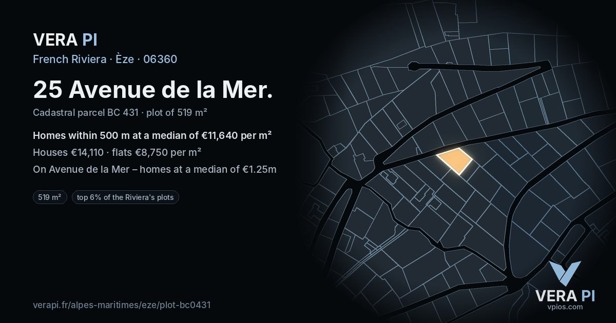 25 Avenue de la Mer, Èze at night – the plot lit, the parcels around coloured by the prices near them