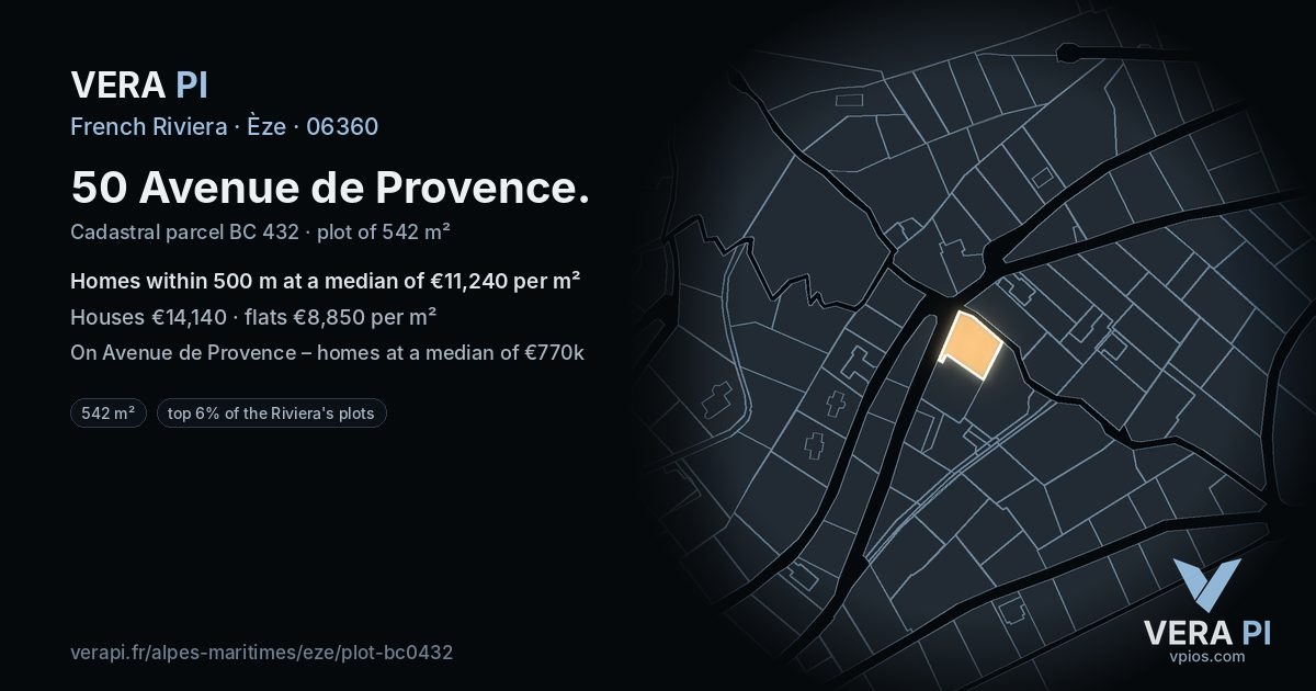 50 Avenue de Provence, Èze at night – the plot lit, the parcels around coloured by the prices near them