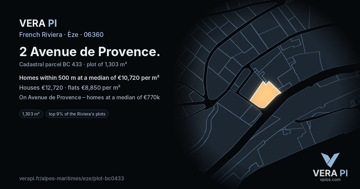 2 Avenue de Provence, Èze at night – the plot lit, the parcels around coloured by the prices near them