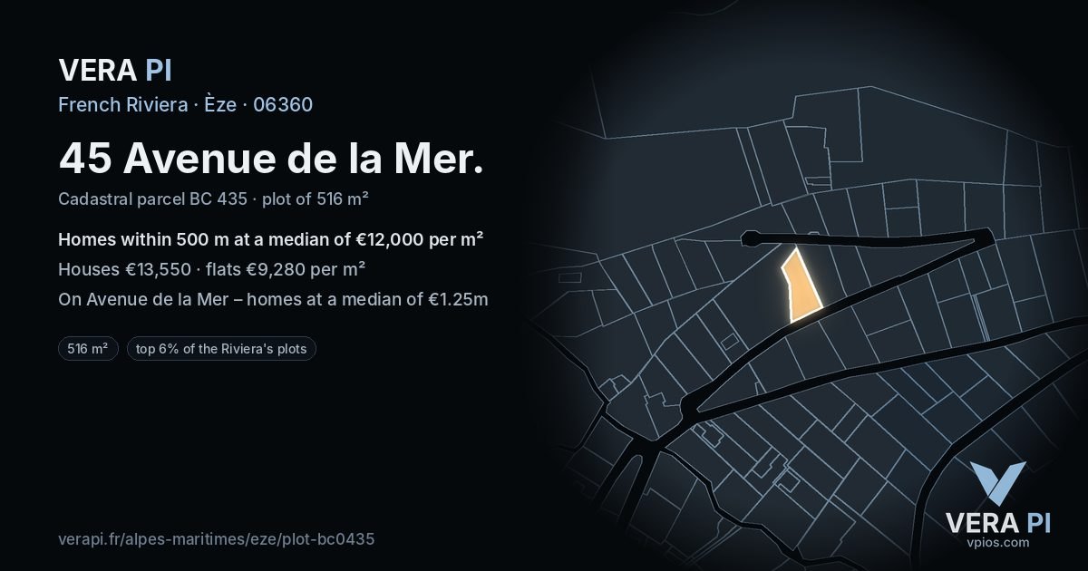 45 Avenue de la Mer, Èze at night – the plot lit, the parcels around coloured by the prices near them