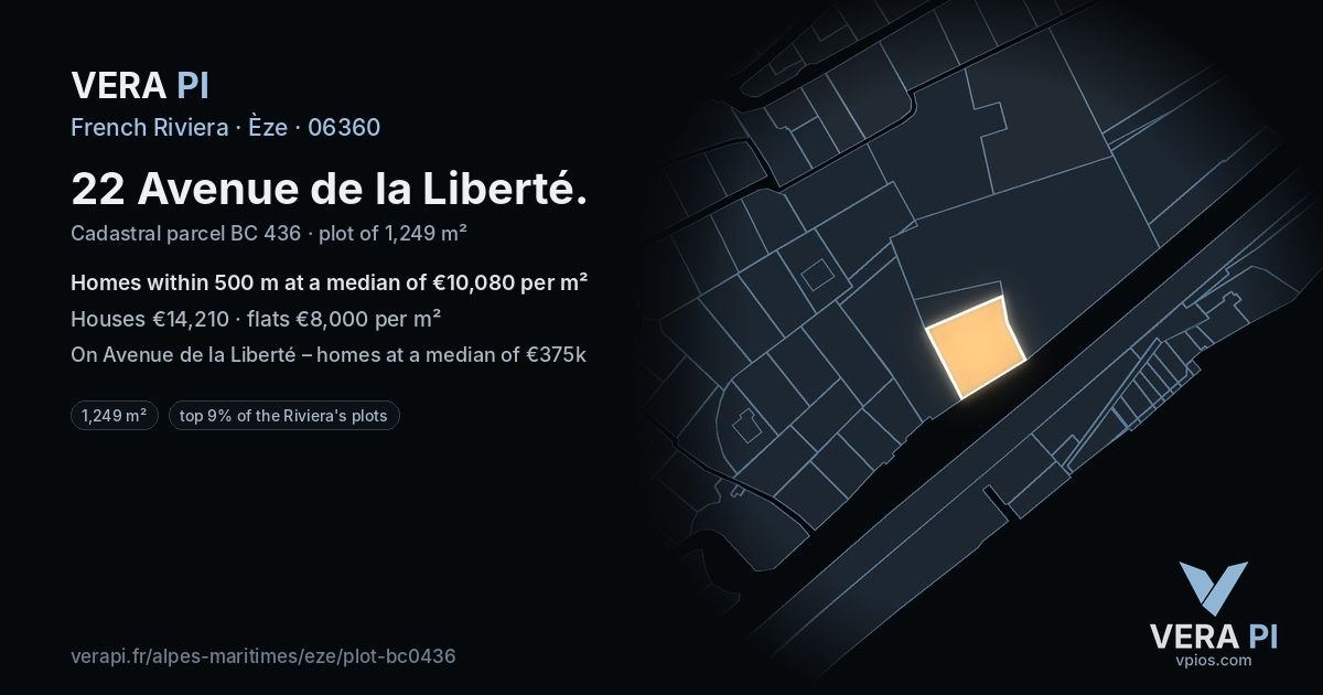 22 Avenue de la Liberté, Èze at night – the plot lit, the parcels around coloured by the prices near them