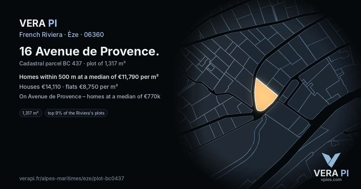 16 Avenue de Provence, Èze at night – the plot lit, the parcels around coloured by the prices near them