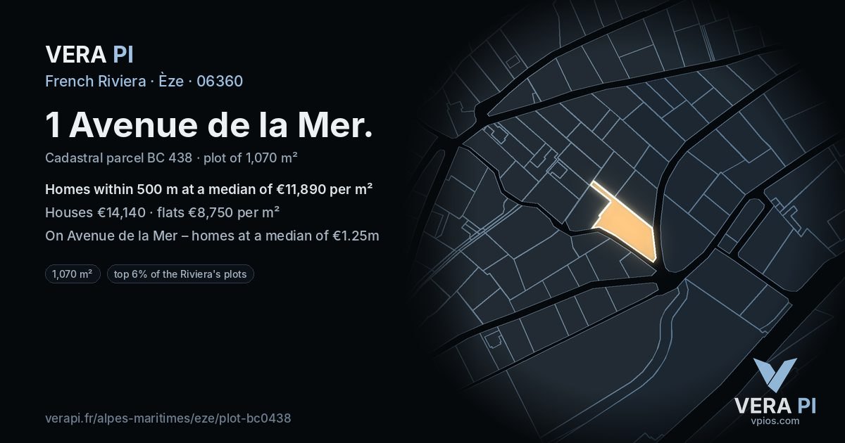 1 Avenue de la Mer, Èze at night – the plot lit, the parcels around coloured by the prices near them