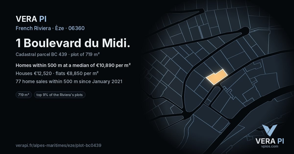 1 Boulevard du Midi, Èze at night – the plot lit, the parcels around coloured by the prices near them