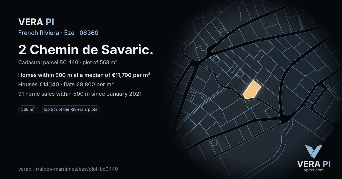 2 Chemin de Savaric, Èze at night – the plot lit, the parcels around coloured by the prices near them