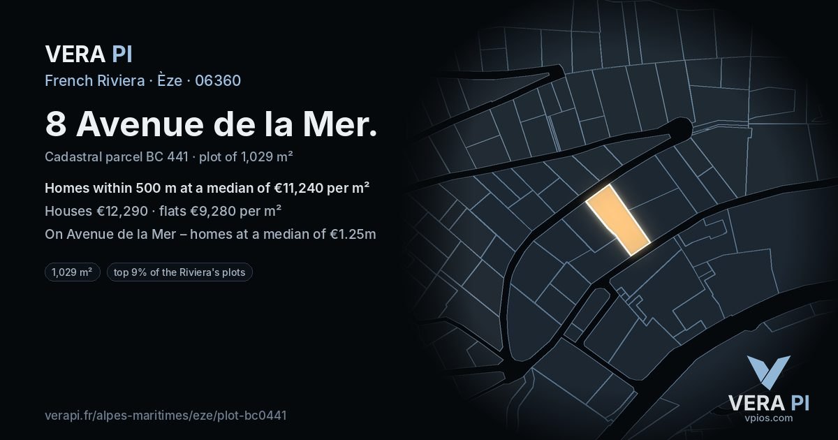 8 Avenue de la Mer, Èze at night – the plot lit, the parcels around coloured by the prices near them