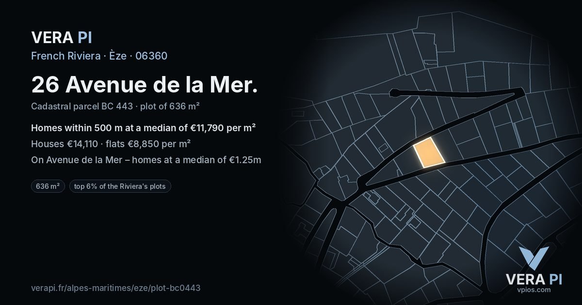 26 Avenue de la Mer, Èze at night – the plot lit, the parcels around coloured by the prices near them