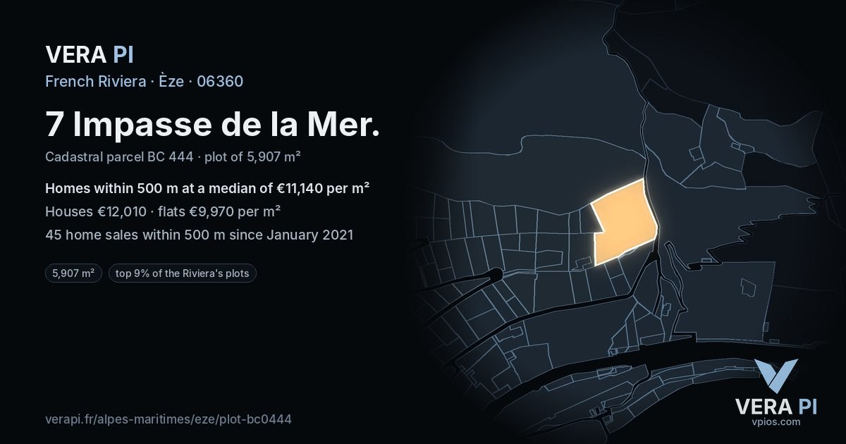 7 Impasse de la Mer, Èze at night – the plot lit, the parcels around coloured by the prices near them
