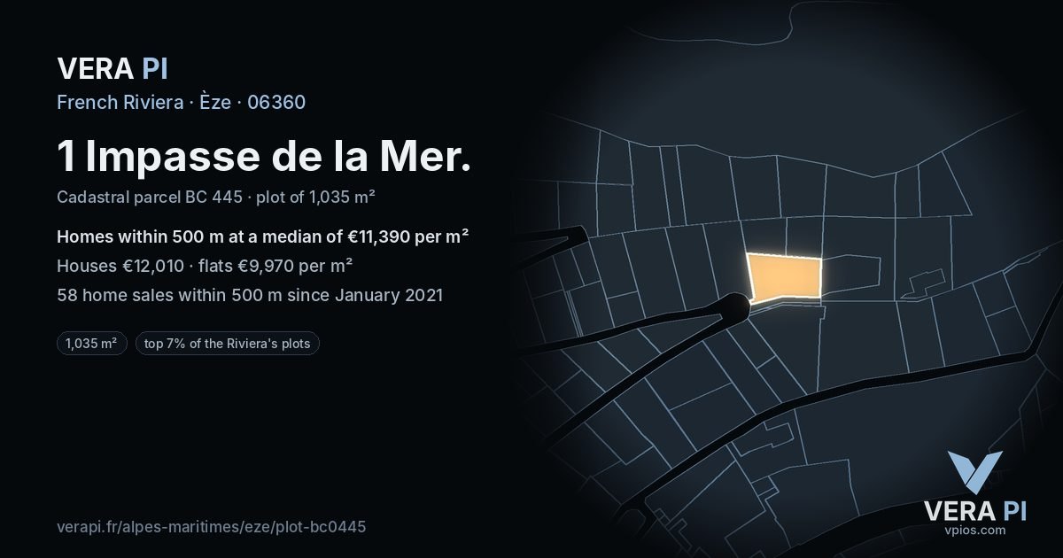 1 Impasse de la Mer, Èze at night – the plot lit, the parcels around coloured by the prices near them